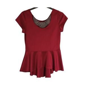 Say Anything Top Womens Size XL Red Y2K Jeweled Short Sleeve Peplum Scoop Neck